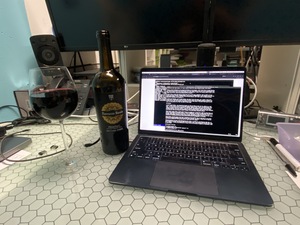 While waiting for the Mac Studio to arrive, writing the blog post on my laptop, but with wine!