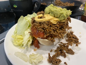 For dinner, I greedily ate a taco-boat (hidden under this enormous mound of minced beef and veg and fake squirty cheese
