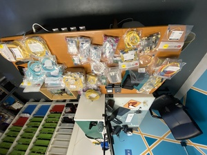 Some one hundred fiber optic cables, many different lengths, multimode and singlemode, MPO as well as just normal LC/PC and some older SC/PC and E2000 cables.