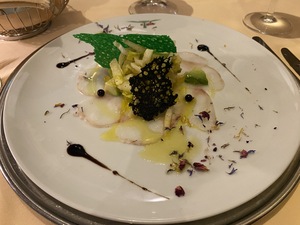 Primi: Seedevil carpaccio with Avocato and Chicorino with mustard