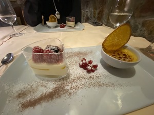 Dolce: Crema Catalana and Panna Cotta with Mango and berries
