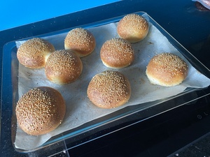 The baked hamburger buns, golden brown but not crispy -- Marina demands soft buns!
