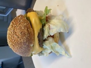 My burger with salad, cheese, onions and pickles. It was godly.