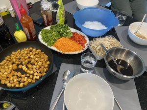 With all of that meat frozen, we took to a vegan dinner: Crispy tofu, glass noodles, and lots of veggies.