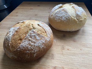 After baking one of the two loaves for 15min at 225V, it looks delicious -- and it turns out it also tastes that way