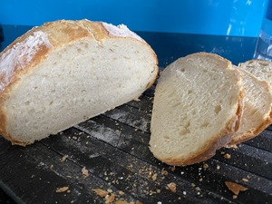 A picture of the finished loaf of white bread, simply crum with reasonable holes. I think I could get used to pre-baking loaves of bread and finishing them days/weeks after!