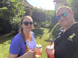 The after shot after I mowed the lawn and weedwacked the sides. Drink time!