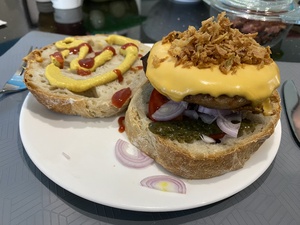 We have a few leftover hamburger patties, so I quickly fry them up and we make a make-shift burger. Delish!