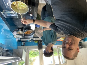 Quinn and I are making dinner - garlic soup and stuffed bellpepper