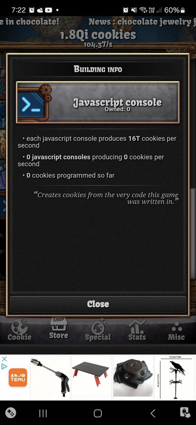 Quinn shows the Javascript Console builder add-on in Cookie Clicker. This baby makes 16T cookies per second, not too shabby!!
