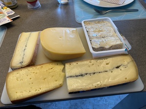 Some of the more tasty cheeses - two Morbier, one Gorgonzola, and a piece of Gauda