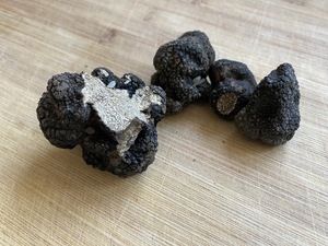 Back home, our neighbors' dog, Maggie, has a gift; they went for a walk and found 300g + of black truffle. These will turn into a risotto and celery soup!
