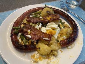 Dinner: Luikse Salade with BBQ'd pork sausage. It tasted better than the picture gives it credit for :-)