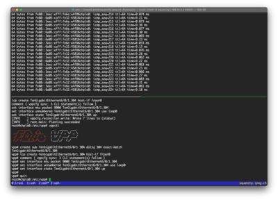I'm rolling out EoMPLS circuits for AS8298's IPng Site Local, between Geneva and Zurich, and Geneva and Paris. Shown here: reconfiguring the link chplo0 - frpar0, and pinging Paris VPP router on linklocal.