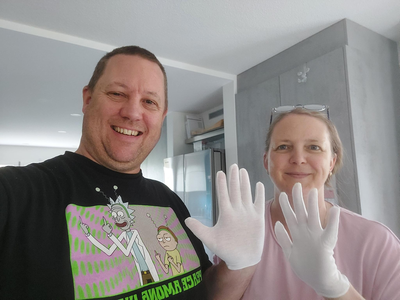 Marina and I give each other the white glove treatment.