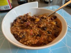 The mains tonight is a bowl of chilly con carne, which really does hit the spot