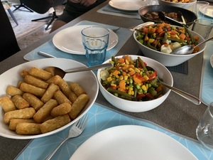 In the evening, we eat fried turkey with steamed veggies and r&ouml;sti kroketten. Lekker!