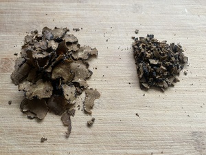 The sliced black truffle (left) and chopped truffle (right) for our Pasta tonight.