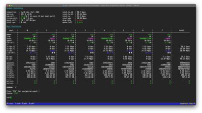 Loadtests are fun! This is a screenshot of a losttest with and without sflow sampling enabled in its prototype from Neil McKee from Inmon.  There's work to do, but so far: functionally complete!