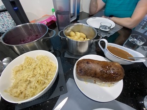 Dinner - meatloaf, boiled new potatoes, saurkraut and red cabbage. ALSO: gravy.