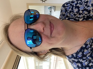 In the morning, Marins thinks its a good idea to try on my sunglasses. She looks like a state trooper cop, just as much as I do.