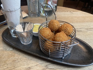 We enjoy a few bitterballen at the supercharger in Breda, well deserved