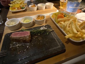 The beef is sizzling on a hot stone, and it really hits the spot after such a day of POP building.