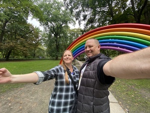 Marina and I take a halfie under the rainbow in the kids-art section of the gardens