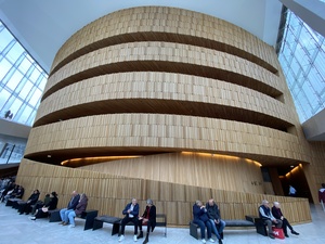 The inside of the Opera house, a large wooden struccture showing the concert hall