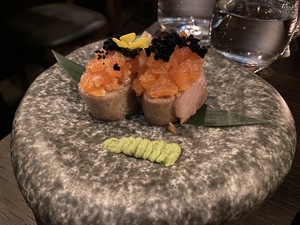 The Japan meets Norway: Wagyu A5 with salmon tartare; at Genji in Oslo