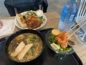 Our lunch: Lasagna, Ramen and a salad. Not bad for airport food!