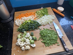 Cutting and pairing the veggies for our huge pot of soup