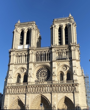 The front face of the Notre Dame cathedral, a beautiful building that will hopefully re-open in December 2024, after a five year renovation