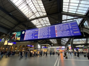 The train timetable at Zurich HB, it's main station, in Zurich, Switzerland