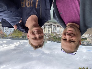 A selfie of Tim and I on the Lindenhof lookout, with behind us the Limmat at Niederdorf