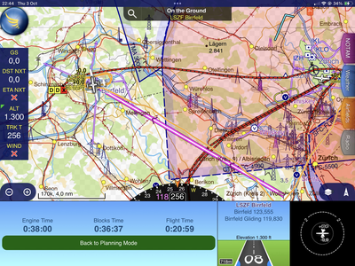 My flight plan from Dubendorf to Birrfeld in Switzerland