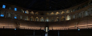 A wide angle panoramic overview of the seating arangement in Teatro Farnese in Parma, Italy