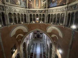 A view down into the Cathedral from the dome of Guercino at Cathedral of Santa Maria Assunta e Santa Giustina in Piacenza, Italy