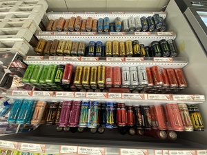 A selection of Monster energy drinks at the supercharger near Milan, Italy
