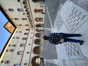 Marina is mesmerized by the courtyard Roccetta at Sforzesco Castle in Milan, Italy
