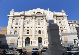 The middle finger raised statue called L.O.V.E. at the stock exchange in Milan, Italy