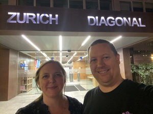 A selfie of Marina and I in front of the Zurich insurance company in Diagonal, Barcelona.