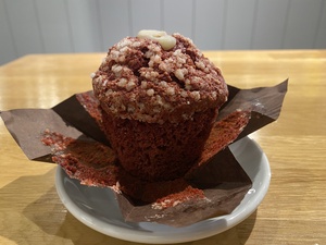 We shared a red velvet cupcake at a local bakery