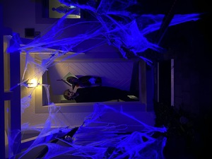 Our front porch has spider webs and lots of creepy crawlies. The webs are illumated with UV light which makes them glow in the dark